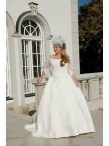 Törtfehér 2 részes selyemszatén és organza Eternity Bride molett menyasszonyi ruha, csónak kivágással, nagyméret XL ES/304